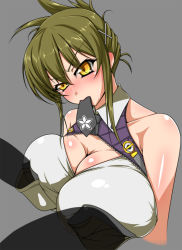 Rule 34 | 1girl, 2boys, akane maku, breast pocket, breasts, brown hair, cleavage, clothed sex, invisible man, kisaragi chitose, large breasts, multiple boys, necktie, pocket, sex, short hair, super robot wars, super robot wars v, sweat, yellow eyes