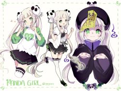 Rule 34 | 1girl, :d, black footwear, black robe, black skirt, captain yue, clenched hands, closed mouth, clothes writing, double v, fangs, fangs out, green eyes, hair ornament, hands up, head tilt, heart, jacket, jiangshi, light brown hair, long hair, long sleeves, multiple views, ofuda, open clothes, open jacket, open mouth, original, outstretched arms, panda hair ornament, pleated skirt, puffy long sleeves, puffy short sleeves, puffy sleeves, robe, shirt, shoes, short sleeves, skirt, smile, sneakers, thighhighs, translation request, twintails, v, very long hair, white background, white jacket, white shirt, white thighhighs, wide sleeves, zombie pose