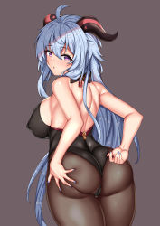 Rule 34 | 1girl, absurdres, ahoge, arms behind back, ass, ass grab, back, backless outfit, bare shoulders, black leotard, black pantyhose, blue hair, blush, bodystocking, bodysuit, bow, breasts, covered erect nipples, from behind, frown, ganyu (genshin impact), genshin impact, grabbing own ass, grey background, hair ribbon, highres, horns, large breasts, leotard, leotard under clothes, long hair, looking at viewer, looking back, low ponytail, lumu yuanxiang, nail polish, open mouth, pantyhose, purple eyes, ribbon, sideboob, simple background, solo