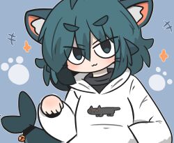 Rule 34 | +++, 1girl, :3, animal ear fluff, animal ears, bell, blue background, blue eyes, blue hair, blush, cat ears, closed mouth, commentary request, fins, fish tail, fuka-chan, grey shirt, hair between eyes, hand up, highres, hood, hood down, hoodie, jingle bell, kemonomimi mode, long sleeves, looking at viewer, original, paw pose, puffy long sleeves, puffy sleeves, shark tail, shirt, short eyebrows, solo, tail, tail bell, tail ornament, thick eyebrows, uni souchou, upper body, v-shaped eyebrows, white hoodie