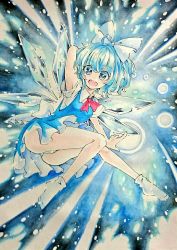 Rule 34 | 1girl, armpits, ass, bare legs, blue dress, blue eyes, blue hair, bow, chaka3464, cirno, dress, dress shirt, full body, hair bow, ice, ice wings, open mouth, panties, pantyshot, shirt, short dress, short sleeves, socks, solo, touhou, traditional media, underwear, upskirt, wings