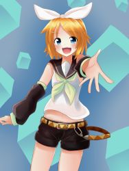 Rule 34 | 1girl, absurdres, bad id, bad pixiv id, blonde hair, blue eyes, blush, highres, kagamine rin, kazenoko, looking at viewer, open mouth, sailor collar, short hair, smile, solo, vocaloid
