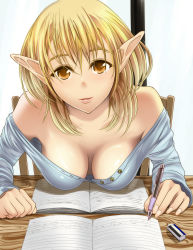 Rule 34 | 1girl, bare shoulders, blonde hair, breasts, brown eyes, chair, cleavage, downblouse, elf, eraser, highres, light smile, looking at viewer, mechanical pencil, no bra, notebook, off shoulder, parted lips, pencil, pointy ears, pov, shiny skin, short hair, solo, studying, upper body, xxtisatoxx