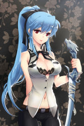 Rule 34 | 1girl, bare shoulders, belt, bittersweet (dalcoms), black bra, blue hair, bow, bra, breasts, cameltoe, center opening, cleavage, floral print, hair bow, highres, impossible clothes, lace, lace-trimmed bra, lace bra, lace trim, large breasts, light smile, lingerie, lips, long hair, luthica preventer, navel, pants, ponytail, red eyes, ribbon, see-through, shiny skin, smile, solo, sword, sword girls, thigh gap, underwear, weapon, wrist cuffs