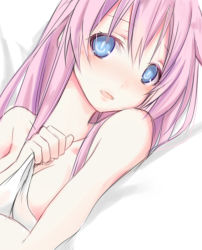Rule 34 | 10s, 1girl, bed, bed sheet, blue eyes, blush, breasts, choujigen game neptune mk2, collarbone, long hair, lying, minagi, naked blanket, naked sheet, nepgear, neptune (series), nude, open mouth, pink hair, power symbol-shaped pupils, purple sister, solo, symbol-shaped pupils, under covers