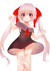 Rule 34 | 1girl, absurdres, barefoot, blonde hair, blush, dress, feet, hair ribbon, highres, leg up, long hair, looking at viewer, panties, pantyshot, parted lips, pov, red eyes, ribbon, soles, toes, twintails, underwear