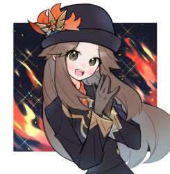 Rule 34 | 1girl, :d, amesuupu, black dress, black hat, blush, border, brown eyes, brown gloves, brown hair, creatures (company), dress, eyelashes, fire, game freak, gloves, hat, leaf (champion) (pokemon), leaf (pokemon), long hair, long sleeves, looking at viewer, nintendo, official alternate costume, open mouth, outside border, own hands together, pokemon, pokemon masters ex, smile, solo, teeth, twitter username, upper body, upper teeth only, white border