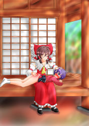 Rule 34 | 2girls, aospanking, ass, blush, bow, brown hair, clothes lift, crossed arms, closed eyes, hair bow, hakurei reimu, hand on another&#039;s head, hand on another&#039;s hip, highres, japanese clothes, kimono, lying, multiple girls, on lap, one eye closed, purple eyes, purple hair, sitting, skirt, skirt lift, spanked, sukuna shinmyoumaru, touhou