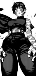 Rule 34 | 1girl, belt, blood, blood on arm, blood on face, blood on hands, burn scar, cape, from below, greyscale, high-waist pants, highres, ireading, jujutsu kaisen, looking down, monochrome, pants, scar, scars all over, shirt, short hair, simple background, sleeveless, sleeveless shirt, solo, too many, scars all over, turtleneck, white background, zen&#039;in maki