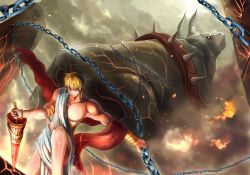 Rule 34 | 1boy, armlet, blonde hair, bracelet, bull, chain, ea (fate/stay night), enkidu (weapon) (fate), fate/stay night, fate (series), gilgamesh (fate), highres, jewelry, male focus, on one knee, red eyes, solo, toga, weapon, zen (weishanzhe)