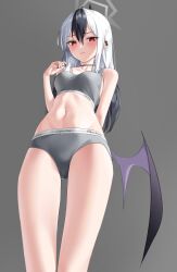 Rule 34 | 1girl, absurdres, arm behind back, black hair, blue archive, blush, bra, calvin klein, commentary, demon horns, demon wings, from below, grey background, grey bra, grey panties, halo, highres, horns, kayoko (blue archive), ly 7317, multicolored hair, navel, panties, red eyes, simple background, single wing, solo, stomach, streaked hair, symbol-only commentary, underwear, underwear only, white hair, wings