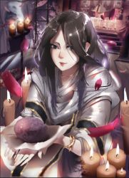 Rule 34 | 1girl, black hair, breasts, candle, closed mouth, collarbone, divine child of rejuvenation, green eyes, japanese clothes, kimono, long hair, long sleeves, medium breasts, mikakuwa, miko, ohagi (food), paper, parted bangs, petals, rice, sekiro: shadows die twice, smile, solo, tatami, wide sleeves