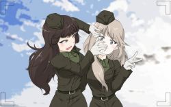 Rule 34 | 10s, 2girls, aged down, angry, belt, blue eyes, blunt bangs, brown dress, brown eyes, brown hair, brown shirt, cloud, cloudy sky, cowboy shot, day, dress, dress shirt, garrison cap, girls und panzer, gloves, hands on another&#039;s face, hat, long sleeves, looking at another, looking at viewer, military, military uniform, mityubi, multiple girls, nishizumi shiho, shimada chiyo, shirt, side-by-side, sky, uniform, v, viewfinder, wavy mouth, white gloves