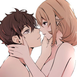 Rule 34 | 1boy, 1girl, bare shoulders, blonde hair, breasts, brother and sister, brown eyes, brown hair, commentary request, crossed bangs, doromame, eye contact, face, from side, hand on another&#039;s chin, hand on another&#039;s neck, looking at another, medium breasts, medium hair, nakiri asahi, nakiri erina, pink eyes, profile, shokugeki no souma, short hair, siblings