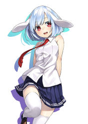 Rule 34 | 1girl, alternate costume, animal ears, arms behind back, bare shoulders, blush, cowboy shot, drop shadow, loafers, looking at viewer, necktie, open mouth, pleated skirt, rabbit ears, red eyes, red necktie, reisen, round teeth, shoes, short hair, silver hair, simple background, skirt, sleeveless, smile, solo, teeth, thighhighs, touhou, unowen, white background, white thighhighs, wind, wind lift, zettai ryouiki