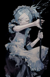 Rule 34 | 1girl, absurdres, aoaso, apron, black background, black dress, blue hair, commentary request, cowboy shot, cracked skin, dress, fighting stance, frills, highres, holding, holding sword, holding weapon, katana, maid, maid apron, maid headdress, one eye closed, original, ponytail, ready to draw, scabbard, sheath, simple background, solo, sword, weapon, white eyes