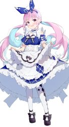 Rule 34 | 1girl, absurdres, apron, apron hold, black footwear, blue dress, blue hair, blue hairband, blue nails, blush, bow hairband, braid, breasts, colored inner hair, darjeeling (reley), dress, drill hair, frilled apron, frilled dress, frills, full body, hairband, highres, hololive, large breasts, long hair, looking at viewer, minato aqua, minato aqua (aqua iro in wonder land), multicolored hair, nail polish, open mouth, pantyhose, pink hair, puffy short sleeves, puffy sleeves, purple eyes, shoes, short sleeves, simple background, smile, solo, standing, twin drills, twintails, very long hair, virtual youtuber, white apron, white background, white pantyhose
