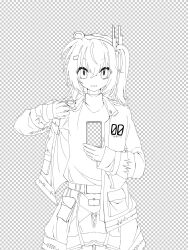 1girl a.i._voice adachi_rei azunishi_(azns_0) belt_pouch cellphone closed_mouth clothes_grab cowboy_shot fake_transparency gloves greyscale hair_between_eyes hashtag-only_commentary headlamp highres holding holding_phone jacket jacket_grab lineart long_sleeves looking_at_viewer medium_hair monochrome one_side_up open_clothes open_jacket phone pouch radio_antenna smartphone solo standing straight-on turtleneck utau