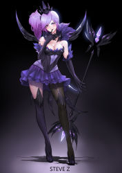 Rule 34 | 1girl, absurdres, alternate hair color, alternate hairstyle, artist name, asymmetrical legwear, bare shoulders, black gloves, boots, breasts, brown thighhighs, cleavage, collarbone, crown, dark elementalist lux, dark persona, dress, elbow gloves, elementalist lux, feathers, finger to mouth, frilled skirt, frills, full body, gloves, gradient background, high heel boots, high heels, highres, league of legends, legs apart, lips, looking at viewer, lux (league of legends), medium breasts, mouth hold, nose, purple dress, purple eyes, purple hair, purple lips, purple skirt, purple thighhighs, side ponytail, single thigh boot, skirt, smile, solo, staff, standing, steve zheng, strapless, strapless dress, swept bangs, teeth hold, thigh boots, thighhighs, uneven legwear
