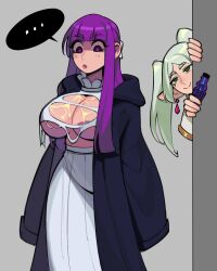 Rule 34 | 2girls, black robe, blush, bojinko, breasts, dress, elf, empty eyes, eyebrows, eyelashes, feet out of frame, female focus, fern (sousou no frieren), frieren, green eyes, grey background, hood, hood down, hooded robe, large breasts, lips, long hair, looking at another, looking down, matching hair/eyes, multiple girls, no pupils, parted lips, pointy ears, purple eyes, purple hair, robe, simple background, sleeves past fingers, sleeves past wrists, smile, solo focus, sousou no frieren, standing, torn clothes, torn dress, twintails, white dress, white hair