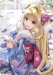 Rule 34 | 1girl, :d, absurdres, akatsuki hijiri, alternate costume, back bow, blonde hair, blue kimono, bow, breath, cherry blossom print, commentary, commission, day, eyelashes, feet out of frame, floral print, flower, from behind, fur-trimmed kimono, fur trim, furisode, hair between eyes, hair flower, hair intakes, hair ornament, hair ribbon, happy, highres, holding tanzaku, irotoridori no sekai, japanese clothes, kimono, long hair, looking at viewer, looking back, nikaidou shinku, open mouth, outdoors, pink flower, red bow, red eyes, red ribbon, ribbon, signature, sitting, skeb commission, smile, snow, solo, straight hair, tsurime, two side up, very long hair, winter