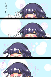 Rule 34 | &gt; &lt;, 1girl, 1other, 4koma, :i, absurdres, animal ears, blue archive, blush, chibi, closed eyes, closed mouth, comic, commentary request, flying sweatdrops, gloves, hair over one eye, halo, hand up, hands up, highres, kurukurumagical, long hair, notice lines, open mouth, parted lips, purple eyes, purple hair, purple scarf, scarf, sensei (blue archive), translation request, tsukuyo (blue archive), white gloves