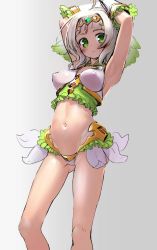 Rule 34 | 1girl, armpits, arms up, blush, breasts, cameltoe, circlet, closed mouth, covered erect nipples, cowboy shot, flower knight girl, frills, frown, gradient background, green eyes, grey background, groin, looking at viewer, medium breasts, navel, panties, sasayuki, seri (flower knight girl), short hair, solo, underwear, white hair, white panties