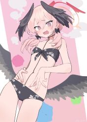 Rule 34 | 1girl, aji aji nori, bikini, black bikini, black bow, black wings, blue archive, blush, bow, embarrassed, feathered wings, flat chest, floral print, front-tie bikini top, front-tie top, hair between eyes, hair bow, halo, hand on own stomach, head wings, highres, koharu (blue archive), koharu (swimsuit) (blue archive), long hair, looking at viewer, low twintails, low wings, open mouth, pink eyes, pink hair, print bikini, sketch, solo, swimsuit, twintails, wavy mouth, wings