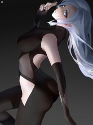 Rule 34 | 1girl, ass, bare shoulders, bodystocking, breasts, covered navel, dark, detached sleeves, from side, genshin impact, gloves, grey eyes, highres, large breasts, long hair, looking at viewer, m alexa, paper, partially fingerless gloves, see-through, shenhe (genshin impact), solo, thighs, white hair