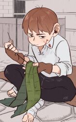 Rule 34 | 1boy, armor, black pants, blood, blood on clothes, blood on face, brick wall, brown gloves, brown hair, chilchuck tims, collared shirt, dungeon meshi, fingerless gloves, fingernails, frown, gloves, green scarf, halfling, hands up, highres, holding, holding needle, holding sewing needle, large ears, leather armor, leg wrap, looking at viewer, male focus, needle, no shoes, pants, pavement, pout, scarf, sewing, sewing needle, shirt, short hair, sitting, sleeves rolled up, tamaki26j, torn clothes, torn scarf, twitter username, unworn scarf, white shirt