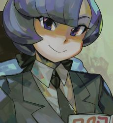 Rule 34 | 1girl, anabel (pokemon), creatures (company), cropped, formal, game freak, hair ribbon, necktie, nintendo, pokemon, pokemon sm, purple eyes, purple hair, ribbon, solo, suit, woofycakes