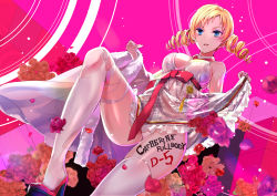 Rule 34 | bare shoulders, blonde hair, blue eyes, body writing, bow, breasts, catherine, catherine: full body, catherine (game), cleavage, clothes lift, commentary request, copyright name, copyright request, drill hair, dutch angle, eyeshadow, flower, from below, fur trim, high heels, highres, jin young-in, large breasts, lifted by self, lingerie, long hair, looking at viewer, looking down, makeup, negligee, panties, parted lips, petals, pink background, pink flower, pink footwear, pink ribbon, red heels, ribbon, see-through, signature, smug, solo, tassel, thighhighs, torn clothes, torn thighhighs, twin drills, twintails, underwear, underwear only, v-shaped eyebrows, waist bow, white panties, white thighhighs