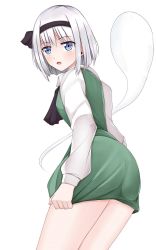 Rule 34 | 1girl, ascot, bad id, bad pixiv id, blue eyes, from behind, hairband, highres, hitodama, jpeg artifacts, konpaku youmu, konpaku youmu (ghost), long sleeves, looking at viewer, looking back, open mouth, shirt, short hair, silver hair, simple background, skirt, skirt set, skirt tug, solo, touhou, vest, wendell, white background
