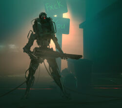 Rule 34 | absurdres, assault rifle, beam rifle, board, cable, cyberpunk, energy gun, english text, engrish text, fog, glowing, glowing eye, graffiti, gun, highres, holding, holding gun, holding weapon, humanoid robot, insult, light, machinery, mecha, no humans, one-eyed, original, profanity, ranguage, realistic, red eyes, rifle, road sign, robot, science fiction, sign, soldier, vandalized, weapon, zhangluye