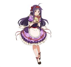 Rule 34 | 10s, 1girl, ahoge, ankle ribbon, apron, box, dress, floating hair, frilled dress, frills, full body, gift, gift box, hairband, holding, leg ribbon, long hair, looking at viewer, pointy ears, purple hair, red eyes, red hairband, ribbon, short sleeves, simple background, smile, solo, standing, striped ribbon, sword art online, very long hair, white apron, white background, wrist cuffs, yuuki (sao)