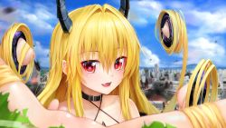 Rule 34 | 1girl, aki99, blonde hair, blue sky, grabbing another&#039;s breast, breasts, choker, city, cloud, day, extra breasts, female pervert, fire, grabbing, grabbing own breast, heart, heart-shaped pupils, highres, horns, implied fingering, konjiki no yami, licking lips, long hair, looking at viewer, md5 mismatch, nipples, open mouth, outdoors, pervert, portal (object), red eyes, revision, sky, small breasts, smile, spread legs, symbol-shaped pupils, to love-ru, tongue, tongue out, very long hair