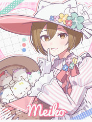 Rule 34 | 1girl, basket, brown eyes, brown hair, character name, checkered background, collared shirt, finger to mouth, frilled sleeves, frills, gloves, grid background, hair between eyes, hat, highres, holding, holding basket, juliet sleeves, long sleeves, looking at viewer, meiko (vocaloid), neck ribbon, nya (sanrio), nye (sanrio), nyi (sanrio), nyon (sanrio), nyu (sanrio), pink background, project sekai, puffy sleeves, ribbon, sanrio, shirt, short hair, shushing, sleeping, smile, striped clothes, sun hat, vertical-striped clothes, vocaloid, waka (wk4444), whiskers, white gloves, white headwear