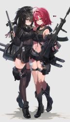 Rule 34 | 2girls, absurdres, ahoge, assault rifle, bandaid, bandaid on knee, bandaid on leg, bare shoulders, belt, belt pouch, black choker, black footwear, black hair, black headwear, black jacket, black legwear, black shirt, black shorts, black skirt, blue eyes, bodystocking, boots, breasts, cabbie hat, choker, crop top, detached sleeves, finger on trigger, freng, grin, gun, hat, high-waist skirt, highres, holding, holding gun, holding weapon, hood, hood down, jacket, knee boots, long sleeves, looking at viewer, mask, mask around neck, medium breasts, midriff, miniskirt, multiple girls, navel, off shoulder, one side up, open clothes, open jacket, original, pencil skirt, pouch, red eyes, red hair, respirator, revealing clothes, rifle, sheath, sheathed, shirt, shoes, short hair, short shorts, shorts, skirt, sleeveless, sleeveless shirt, slit pupils, smile, stomach, sword, thigh strap, thighhighs, thighs, weapon, weapon request, zettai ryouiki