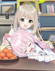 Rule 34 | 2girls, ahoge, black bow, blanket, blue archive, book, bookshelf, bottle, bow, brown hair, cardigan, closed eyes, collared shirt, commentary, covering with blanket, cup, drooling, fang, food, fruit, green eyes, green halo, green tea, hair bow, hair bun, halo, highres, hoshino (blue archive), id card, light brown hair, mandarin orange, multiple girls, nonomi (blue archive), open mouth, orange peel, pink hair, pizza (pizzania company), plaque, porcelain, saliva, shirt, single side bun, sleeping, sleeping on desk, smile, suspenders, table, tea, white shirt, yellow cardigan
