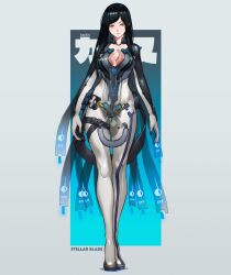 Rule 34 | 1girl, black hair, bodysuit, cesar art456, character name, draw this in your style challenge, full body, grey background, highres, long hair, looking at viewer, raven (stellar blade), sidelocks, skin tight, solo, standing, stellar blade, swept bangs