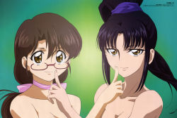 Rule 34 | 00s, 2girls, absurdres, black hair, breasts, brown eyes, brown hair, cleavage, code-e, ebihara chinami, finger to mouth, glasses, highres, index finger raised, kerchief, looking at viewer, medium breasts, multiple girls, non-web source, official art, out-of-frame censoring, ponytail, red-framed eyewear, saihashi yuma, saitou tetsuhito, shushing, sidelocks, topless, upper body