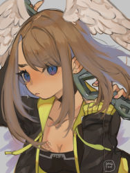 Rule 34 | 1girl, black bodysuit, black choker, black jacket, blue eyes, bodysuit, breast tattoo, breasts, choker, cleavage, dadeltan, eunie (xenoblade), head wings, highres, jacket, long hair, looking at viewer, open clothes, open jacket, solo, tattoo, weapon, white wings, wings, xenoblade chronicles (series), xenoblade chronicles 3