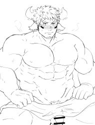 Rule 34 | 1boy, abs, animal ears, bar censor, bara, bare pectorals, blush, censored, cow boy, cow ears, cow horns, facial hair, fiery horns, flaccid, forked eyebrows, glowing horns, goatee, greyscale, gumiten, highres, horns, large pectorals, male focus, male pubic hair, monochrome, muscular, muscular male, naked towel, navel, nipples, pectorals, penis, pubic hair, short hair, sitting, solo, spiked hair, stomach, sweat, thick eyebrows, thick thighs, thighs, tokyo houkago summoners, towel, towel on legs, unfinished, wakan tanka