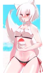 Rule 34 | animal ears, beach, bikini, blush, breasts, cloud, food, gluteal fold, highres, holding, holding food, inubashiri momiji, mouth hold, navel, no headwear, no headwear, ocean, one-hour drawing challenge, pom pom (clothes), red eyes, shaved ice, side-tie bikini bottom, sky, small breasts, spoon, sweat, swimsuit, tail, touhou, tsukihin, utensil in mouth, white hair, white tail, wolf ears, wolf girl, wolf tail