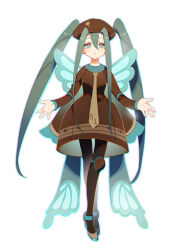 Rule 34 | 1girl, black pantyhose, blush, brown dress, brown hat, bug miku (project voltage), creatures (company), dress, full body, game freak, green eyes, green hair, hair between eyes, hat, hatsune miku, highres, indai (3330425), knee pads, long hair, long sleeves, looking at viewer, necktie, nintendo, pantyhose, parted lips, pokemon, project voltage, shoes, simple background, solo, twintails, very long hair, vocaloid, white background