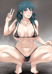 Rule 34 | 1girl, akisora, areola slip, barefoot, bikini, bikini bottom aside, black bikini, blue hair, blush, breasts, byleth (female) (fire emblem), byleth (fire emblem), clothing aside, collarbone, colored pubic hair, eyebrows, eyebrows hidden by hair, eyelashes, feet, female focus, female pubic hair, fire emblem, fire emblem: three houses, gradient background, hair between eyes, hand on own thigh, hand up, highres, large breasts, lips, long hair, looking at viewer, navel, nintendo, parted lips, pubic hair, pubic hair peek, smile, solo, spread legs, squatting, stomach, swimsuit, teeth, thighs, tiptoes, toes, underboob, v