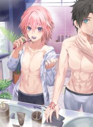 Rule 34 | 2boys, abs, astolfo (fate), bathroom, black hair, blue eyes, blush, brushing teeth, collarbone, command spell, fate/apocrypha, fate/grand order, fate (series), fujimaru ritsuka (male), hair intakes, highres, long hair, long sleeves, looking at viewer, mirror, multicolored hair, multiple boys, muscular, nanidato (nanidat0), navel, open clothes, open mouth, open shirt, pink hair, purple eyes, reflection, shirt, short hair, sink, streaked hair, thighs, toothbrush, topless male, trap, underwear, white hair, white shirt