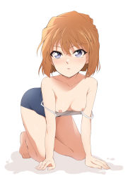 Rule 34 | 1girl, all fours, bare arms, bare legs, barefoot, blue eyes, blue one-piece swimsuit, breasts, brown hair, clothes pull, collarbone, full body, haibara ai, hair between eyes, highres, kaiga, medium hair, meitantei conan, nipples, one-piece swimsuit, one-piece swimsuit pull, open mouth, school swimsuit, simple background, small breasts, solo, straight hair, swimsuit, thighs, white background