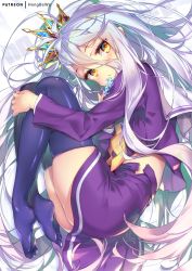Rule 34 | 1girl, artist name, ass, black thighhighs, blush, brown eyes, chess piece, closed mouth, commentary request, full body, hair between eyes, hong (white spider), knees up, long hair, long sleeves, looking at viewer, lying, neckerchief, no game no life, no shoes, on side, open clothes, open skirt, purple shirt, purple skirt, shiro (no game no life), shirt, silver hair, skirt, solo, thighhighs, tiara, transparent, very long hair, yellow neckerchief