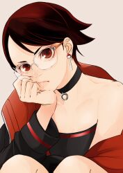 Rule 34 | 1girl, bare shoulders, boruto: naruto next generations, boruto: two blue vortex, choker, earrings, flat chest, flipped hair, glasses, hand on own cheek, hand on own face, hand up, head rest, highres, jacket, jewelry, knees up, long sleeves, nail polish, naruto (series), o-ring, off shoulder, pout, red eyes, red hair, red nails, red theme, rock54t, simple background, sitting, solo, strapless, swept bangs, uchiha sarada, uchiha symbol, white-framed eyewear